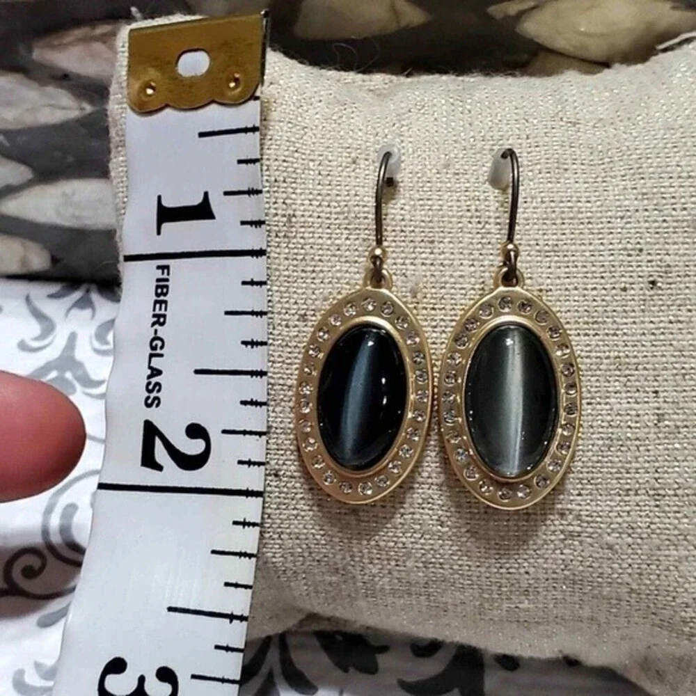 Lucky Brand Grey Cats Eye Oval Halo Crystal Gold Tone Drop Earrings Dangle New‎